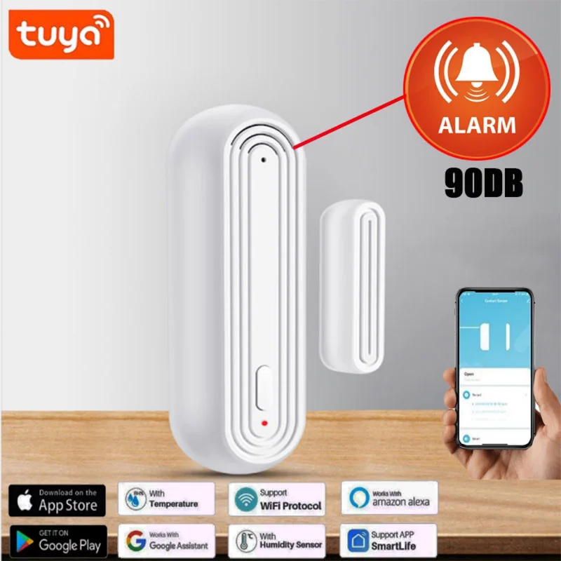 Tuya สมาร์ท WiFi เซ็นเซอร์หน้าต่างประตู, แอปควบคุมด้วยยูเอสบีเครื่องตรวจจับแม่เหล็กที่ประตูแบบไร้สาย