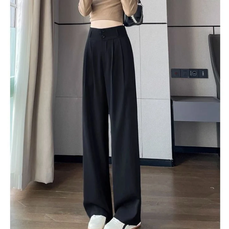 Elegant Spring  Autumn Casual Suit Pants Straight Office Lady Commute Zipper Buttons Pant Women Loose Fashion Korean Trousers