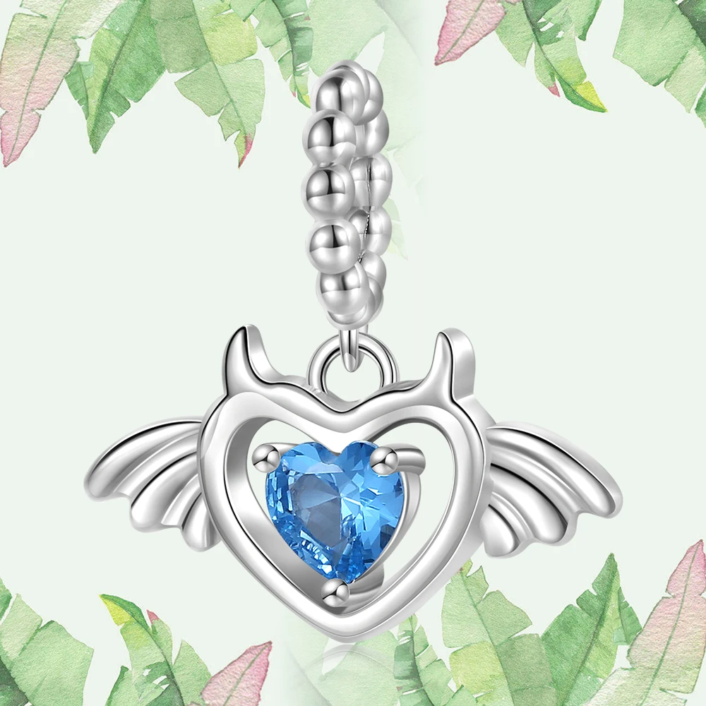 Love Blue Heart Wings Beads 925 Sterling Silver Family Pendant Charms for Women Bracelet Mother Girlfriend Valentine's Day Gift