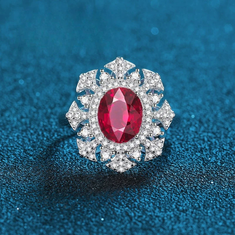 

Design PT950 Platinum Artificially Cultivated Gemstone Pigeon Blood Red Sea Blue Women's Ring Color Treasure Series
