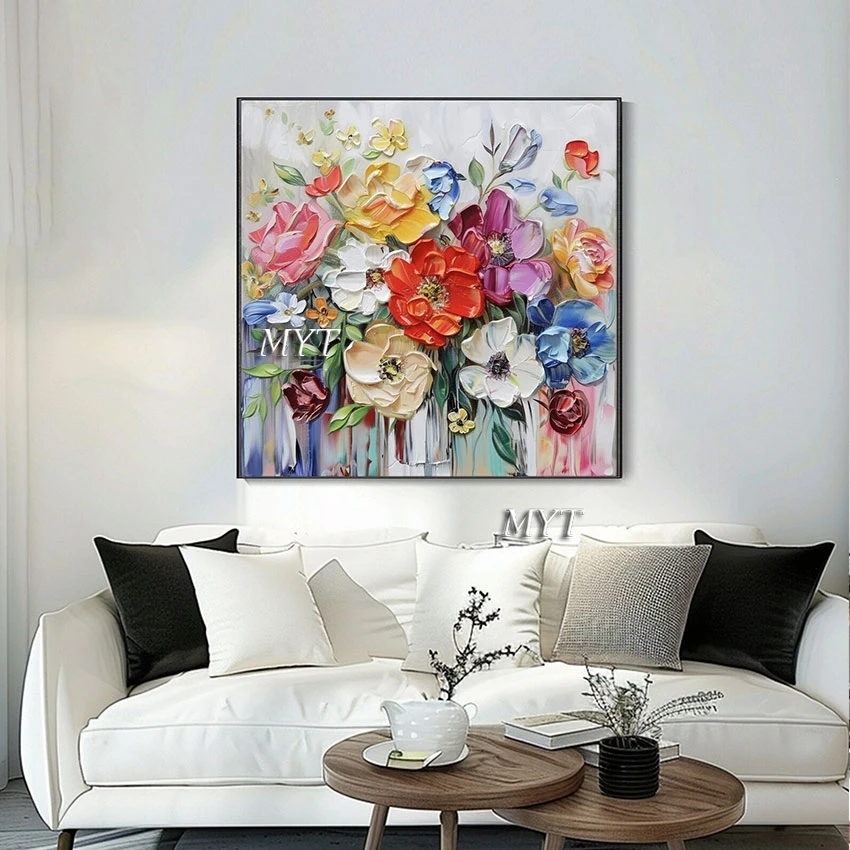 Pallet Knife Bbeautiful Flower Oil Painting Heavy Texture Thick Acrylic Wall Picture For Bedroom Modern Decorative Canvas Art