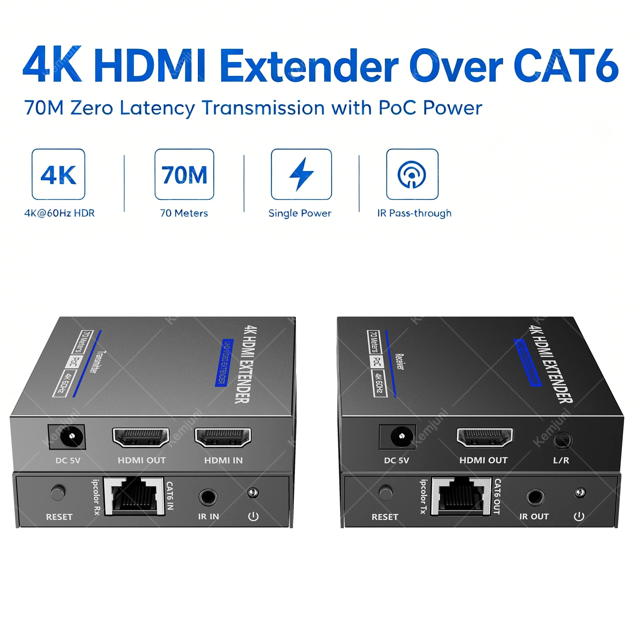 LKV565P 4K 60Hz HDMI Expander CAT6 Cable 70M Zero Delay PoC Single Power IR Direct HDMI Loop Output 3.5mm Audio Separation