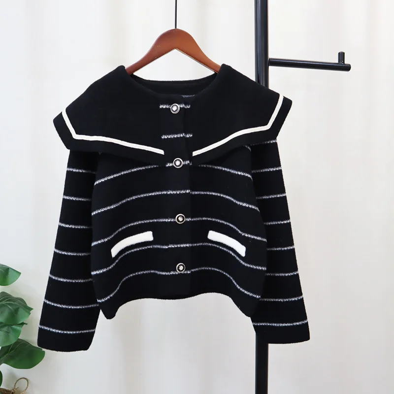 2024 Autumn Winter new striped lapel knitted double-sided cardigan women's short Korean version loose sweater jacket