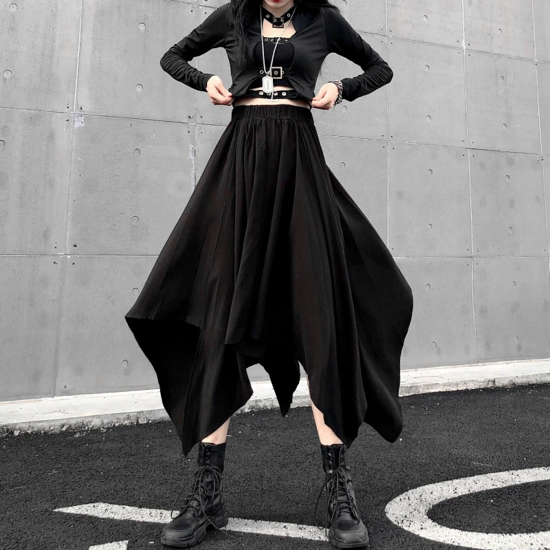 

Vintage Korean Skirt Dark Black Irregular High Waist Goth Punk Gothic Black Harajuku Long Skirt Non Strech Loose Fit