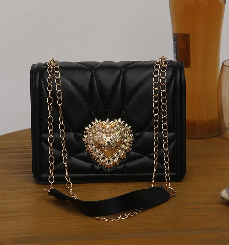 Western-style Women\'s Bag Quality Leather Shoulder Bags for Women Brand Messenge Retro Thread Heart Female Bag Chain Square Bags