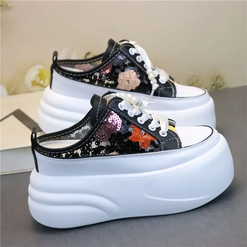 10cm Stylish Women's Slippers with Shiny Mesh Fabric Upper, Buckle Strap and Wedge Heels for a Fancy and Fine Look