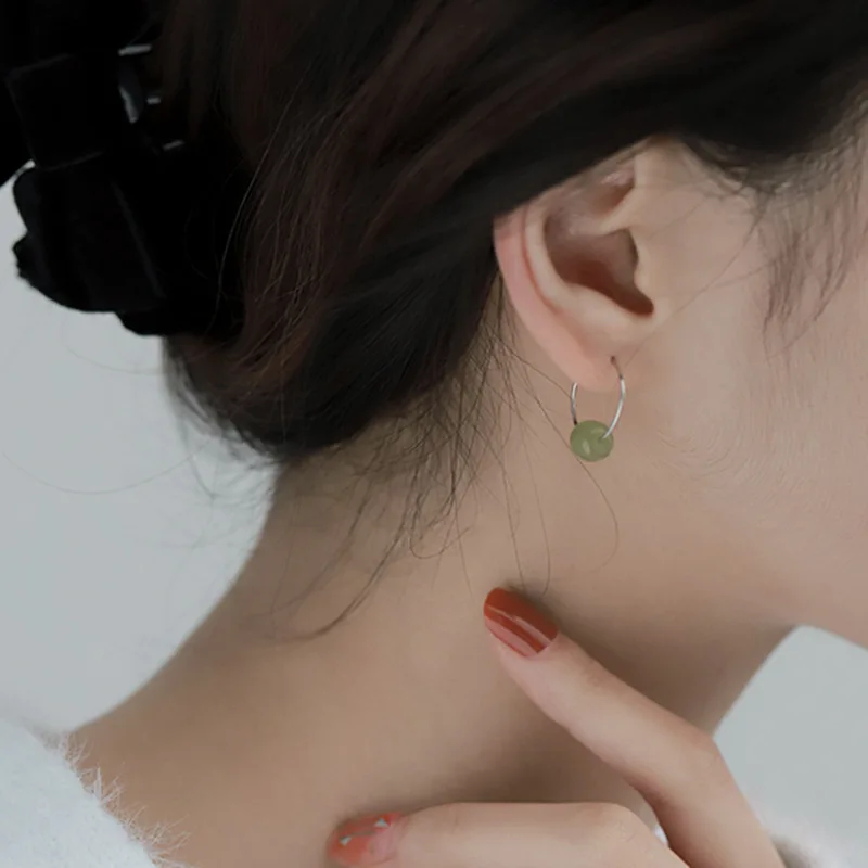 Elegant Vintage Jade Hoop Earrings For Women New 925 Silver Jewelry Lucky Bead Earring Lady Party Accessories