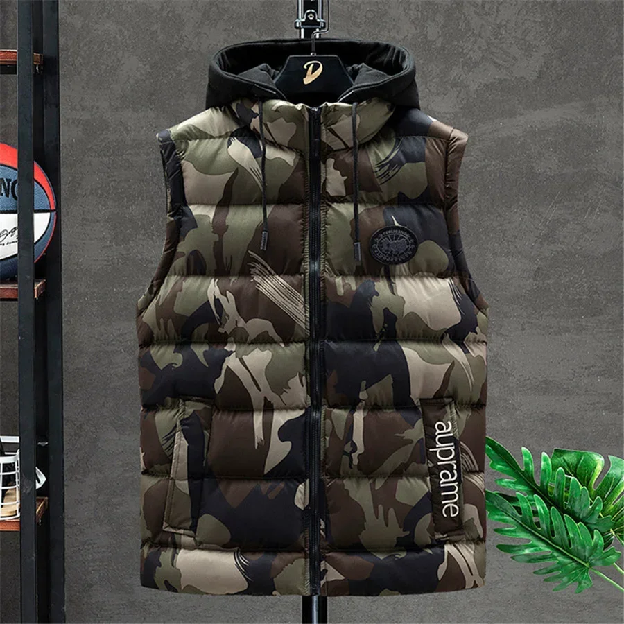 

Men's Vest Winter Warm Sleeveless Jackets Fashion Camouflage Hooded Gilet Casual Coat Men Sleeveless Parka Plus Size Male Tops