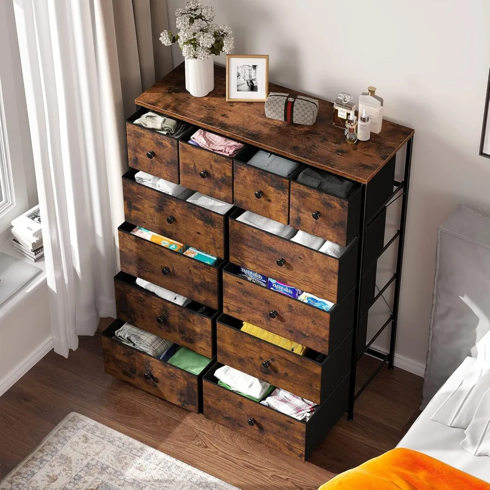 Dresser,Dresser for Bedroom with 12 Drawers Dressers & Chests of Drawers for Bedroom, Living Room,Wood Top Metal Frame