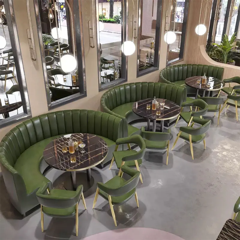 Industrial Retro Cafe Furniture Set Commercial Green Leather Booth Seating for Hotel Restaurant Dining Table and Chairs Booth