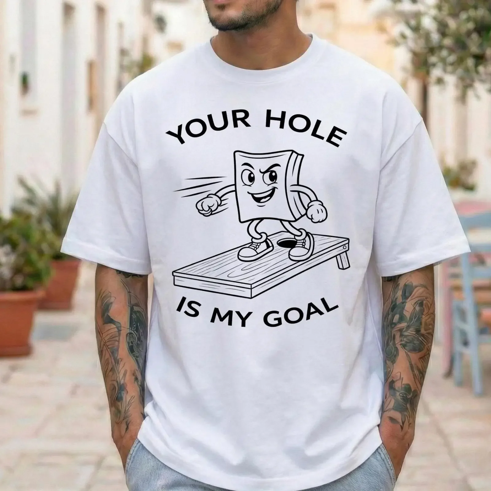 Funny Cornhole T Shirt Backyard BBQ Game Bean Bag Toss Apparel vintage Washed Casual Versatile homme Slightly graphic