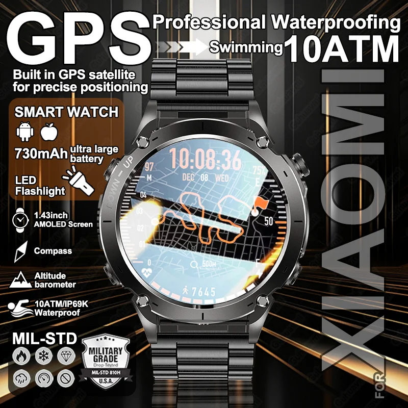 軍事グレード GPS スマートウォッチ 10ATM 防水懐中電灯 730mAh バッテリー 170 + スポーツモード BT 通話男性 AMOLED HD 腕時計 Xiaomi