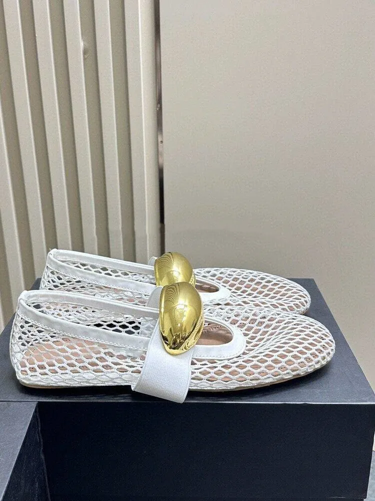 Mary Jane-Sandalias de Ballet de fondo plano para mujer, zapatos de punta redonda, malla con diamantes de agua, novedad de verano 2024