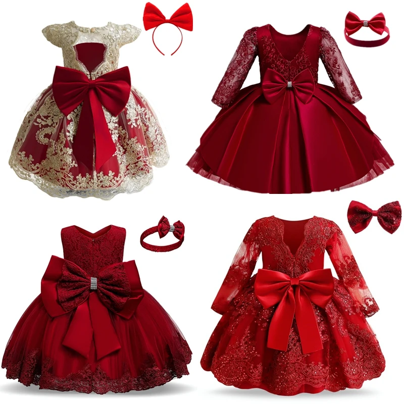 1-5Y Baby Girls Eids Gowns for Red Costumes for Children Party Clothings for Princess Birthday Wedding Prom Elegant Formal Dress