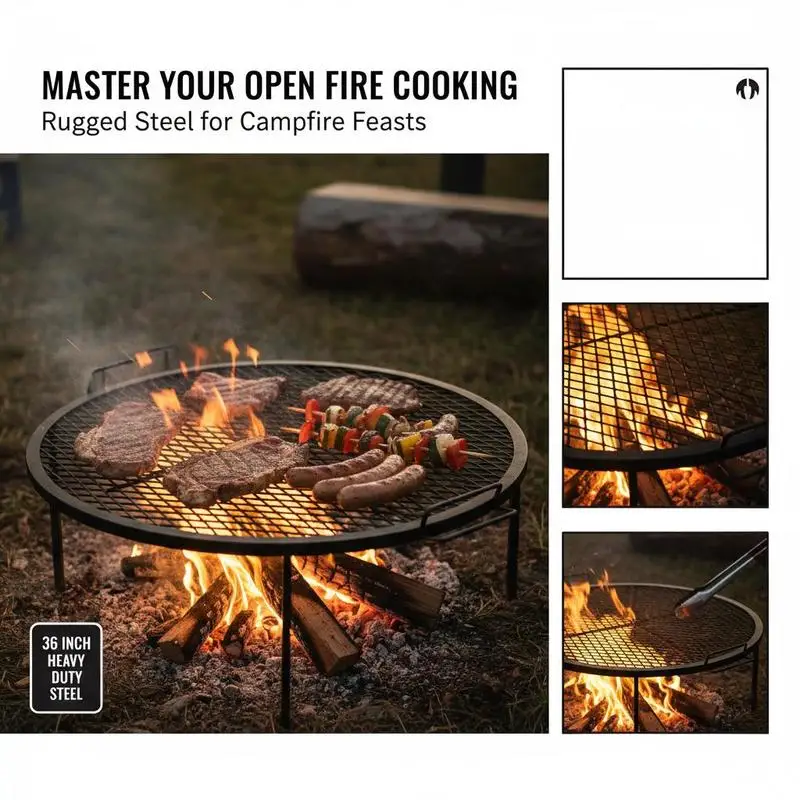Black Round Cooking Grid 36 Inch For Campfire Party Gathering Heavy Duty Steel Support X Wire Handle Portable Camping Cookware Outdoor Backyard Picnic BBQ Accessory High Capacity Grill Surface Metal Mesh Replacement Outdoor Culinary Tool view 7
