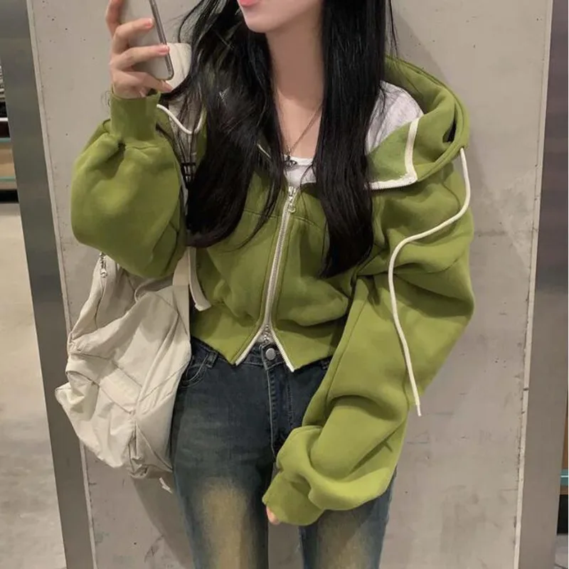 

Женская корейская шикарная универсальная толстовка на молнии с капюшоном, короткая куртка, бархатная осенне-зеленая куртка