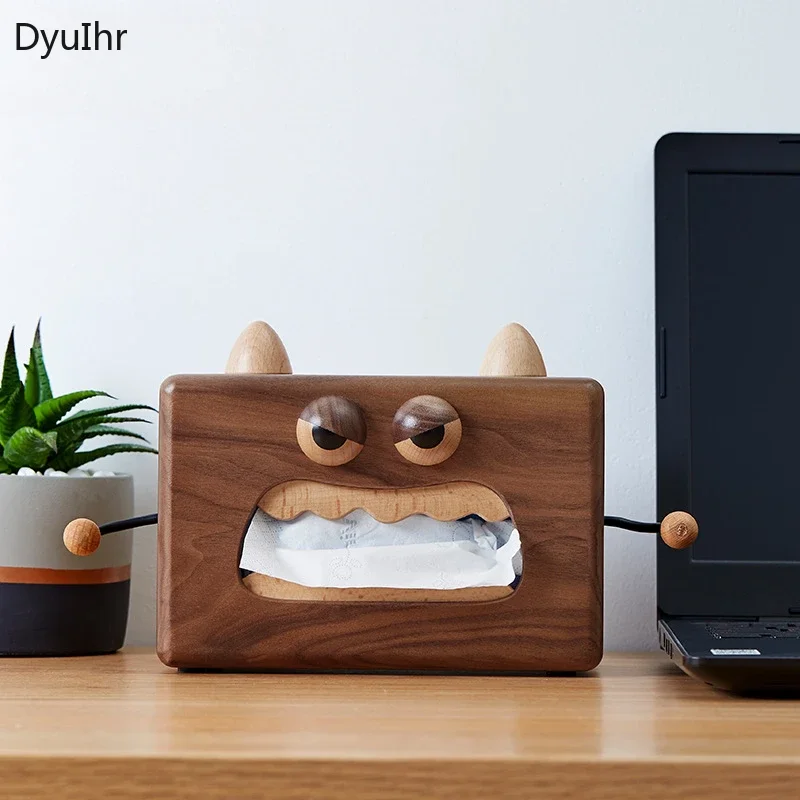 1PCS wood color creative home decor solid wood little monster tissue box desktop living room home wooden pumping paper box