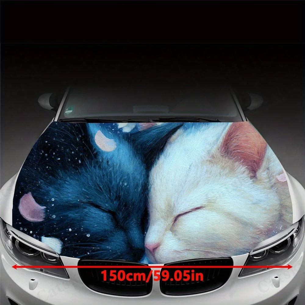 Whimsical Sweet Cats Cuddling Kittens with Hearts Petals Car Hood Sticker PVC Self Waterproof stick, Striking Auto Exterior Acce