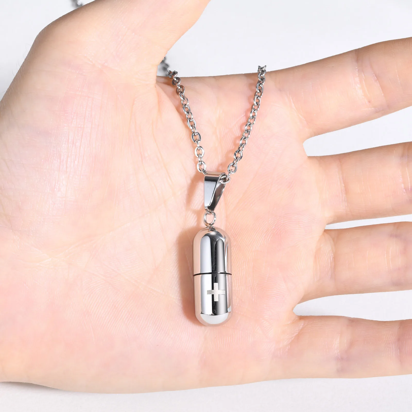 Kreuz gravierte medizinische Alarm-ID-Anhänger-Halsketten für Männer und Frauen, Edelstahl, Notfall-Pillenetui, Röhrenhalter, Gedenkschmuck – Detail 8