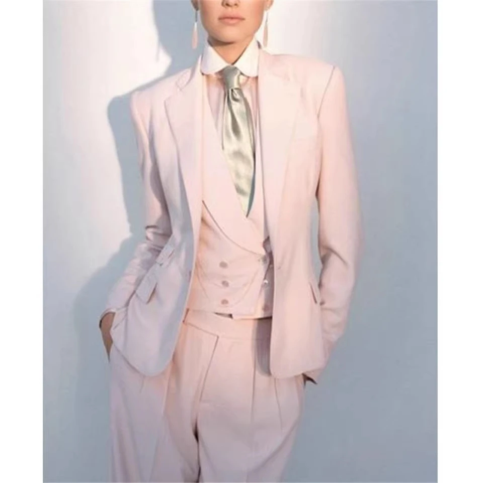 Office Ladies Pantsuits Pink Women Business Classic Single Buttons Flared Pants Blazer Vest Pants Three Piece Set Formal Suit