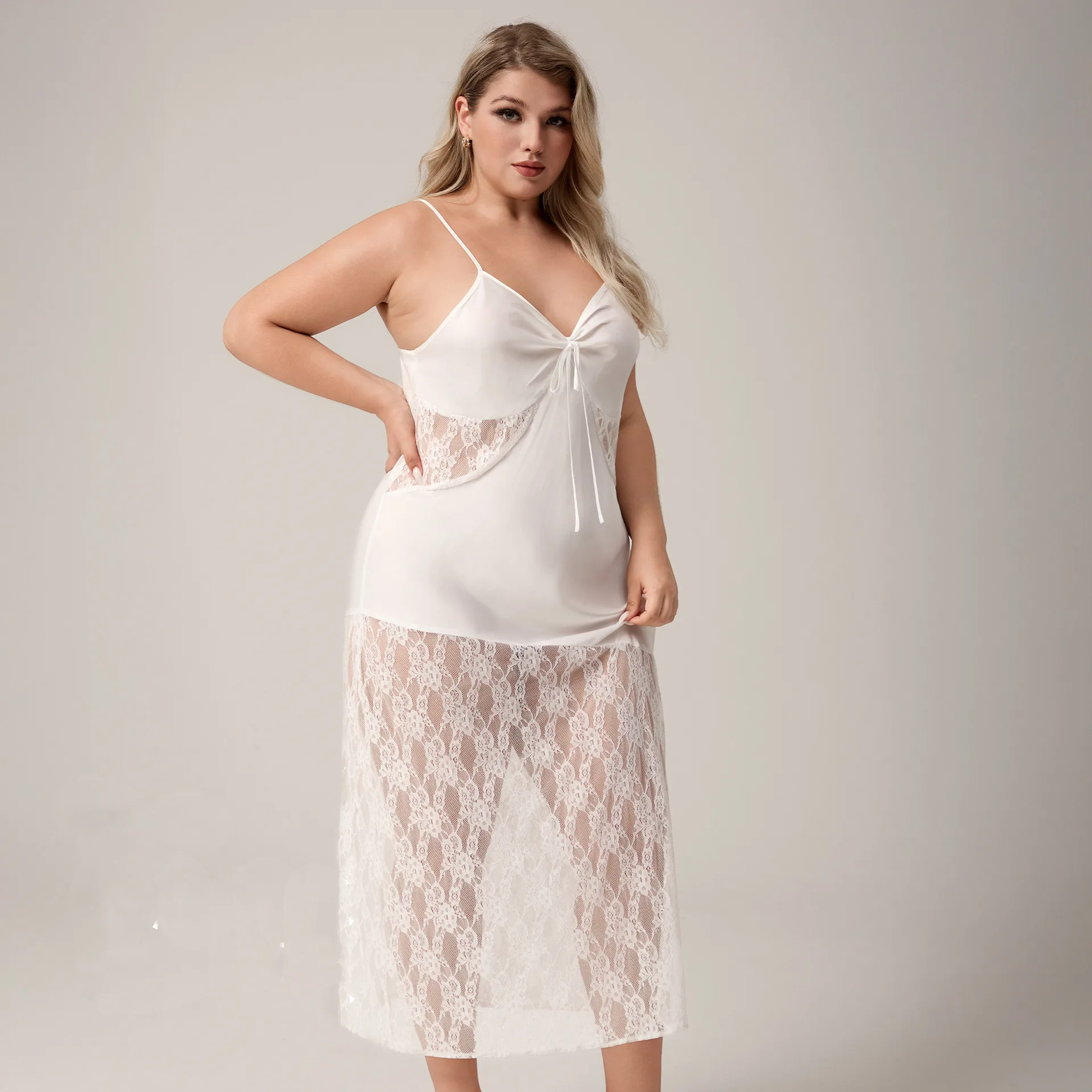 

White Long Patchwork Lace Hem Nightgown Sleepwear Sexy Nightdress Summer Ice Silk Home Dress Lingerie Lounge Wear