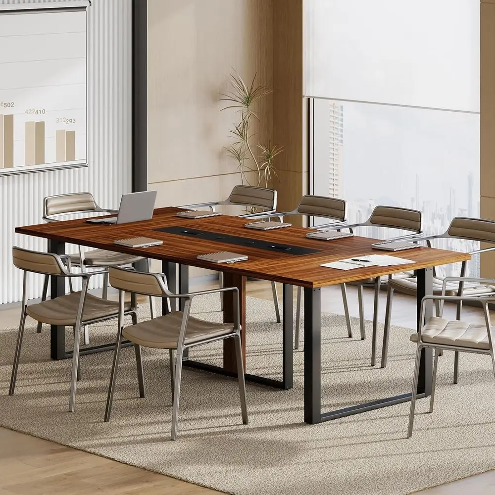

10-Person Industrial Metal Conference Table with Power Outlets and Cable Management