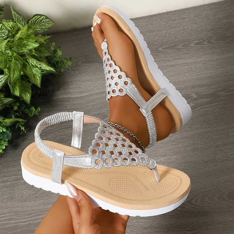 

Silver Hollow Out Clip Toe Sandals Women 2025 Summer Platform Wedges Rome Sandles Woman Fashion Elastic Band Crystal Sandalias