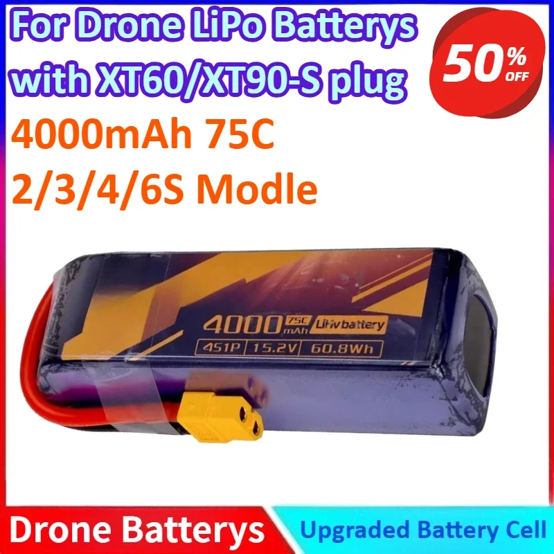 

4000mAh 75C 2/3/4/6S Modle High-Discharge LiPo Battery for Long-Range Aerial Photography UAVs, RC Helicopters with XT60/XT90-S
