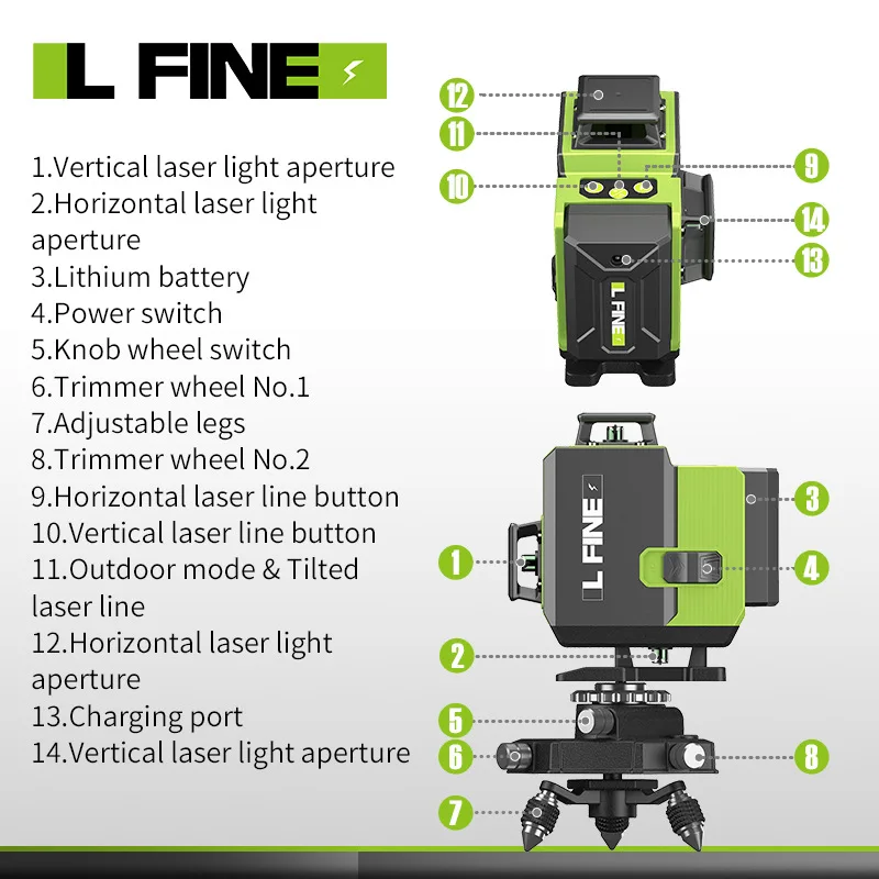 Nuovo arrivo lavorazione del legno 4D 16 Green Line livello Laser 360 linee trasversali verticali orizzontali con Super Powerfu autolivellante