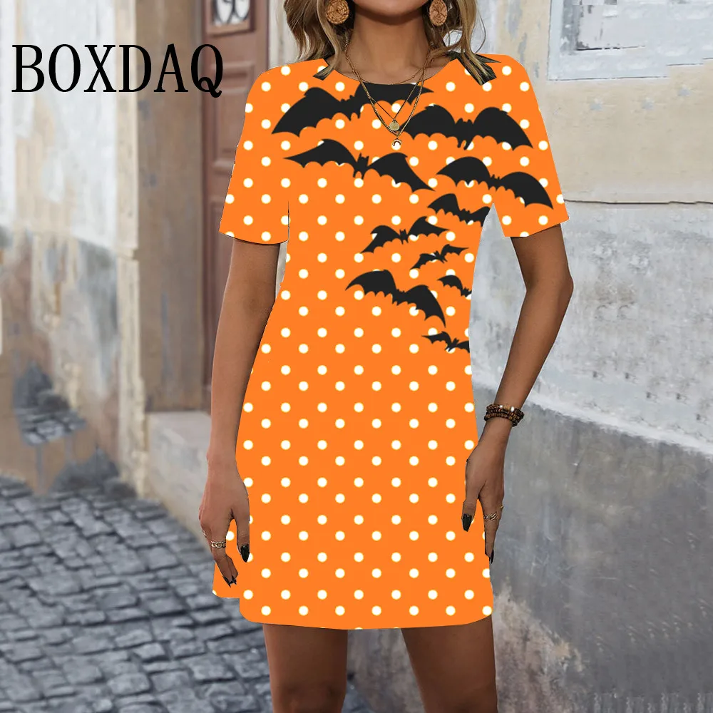 Polka Dot Bat Print Women's Dress Summer Fashion Halloween Party Mini Dress Casual Short Sleeve Loose A-Line Dress Streetwear