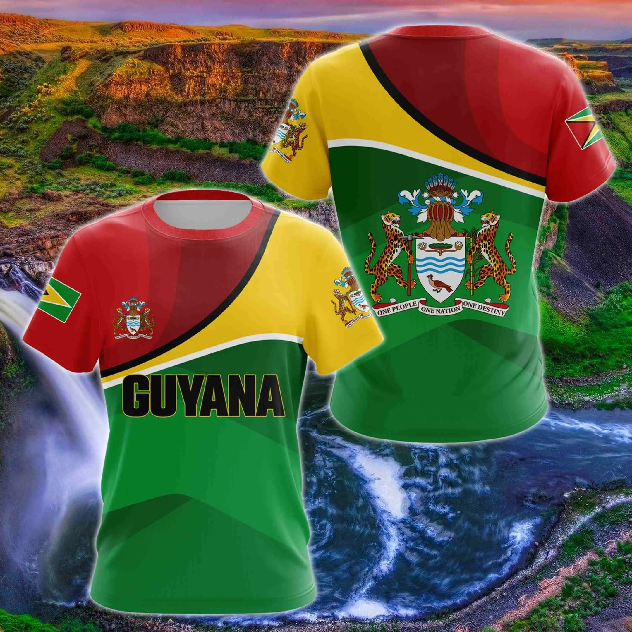 Guyana Flag & Coat of Arms Graphic Tee Summer Casual Streetwear Men\'s Fashion Loose T-shirts Boy Oversized Short Sleeve Tops