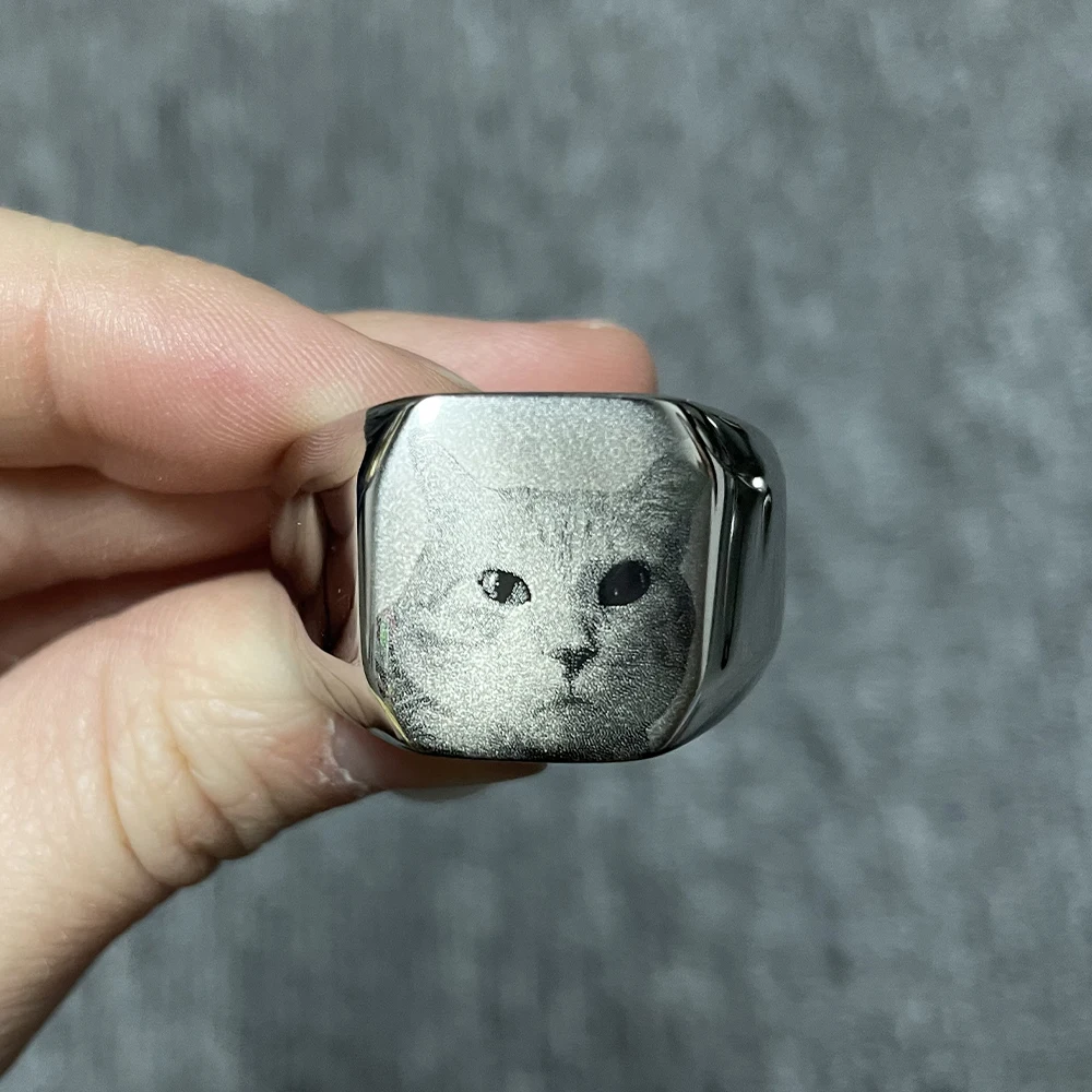 Bluelory Personalized Engrave Your Dog Cat Pet Square Rings Silver Gold Black Color Stainless Steel Custom Rings For Dog Lovers