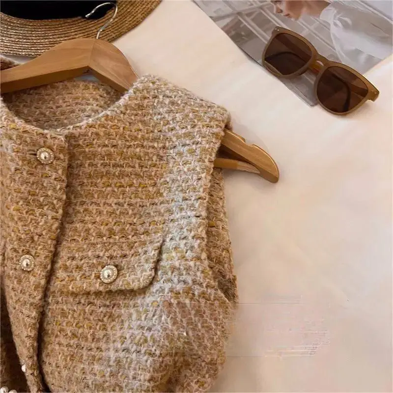 Autumn Winter Tweed Jacket Sleeveless Vintage Wool Vest Women Clothing Slim Buttons Pocket Waitstcoat Korean Fashion Coat