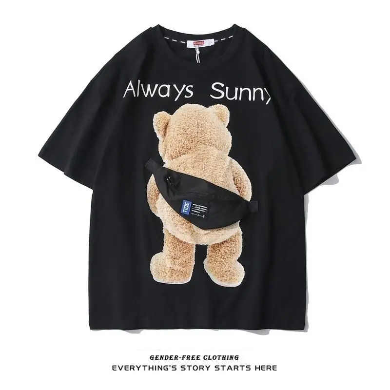 Cotton Tops Fashion Bear Satchel Short Sleeve 2023 Summer Y2k Clothes New T Shirt Women Zipper Bag Korean Style Loose Tees Lady