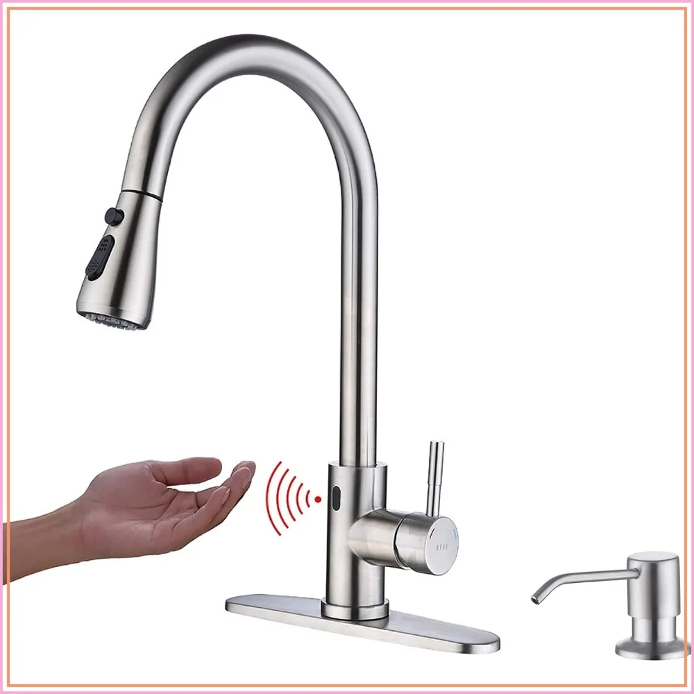 

Motion Sensor Kitchen Faucet with Pull Down Sprayer, High Arc Pull Out Faucet with Soap Dispenser, Touchless Single Handle for Sink RV, Brushed Nickel