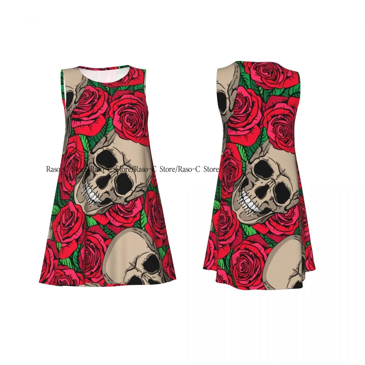 ชุดสตรีกะโหลกและดอกกุหลาบฤดูร้อนเสื้อยืดลําลองชายหาดปกคลุมชุดถัง