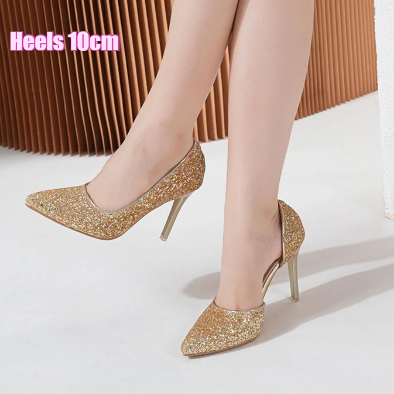 

Golden Glitter Sequins Women Pumps 10cm Stiletto High Heels Pointed Toe Hollow Out Wedding Bridal Evening Party Dress Shoes