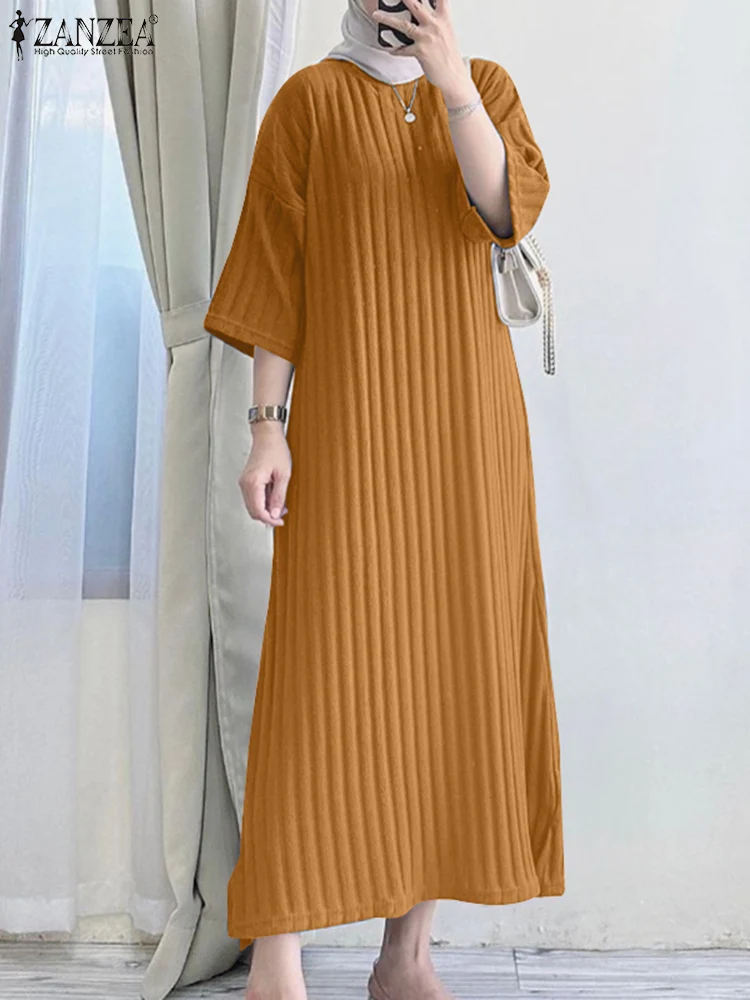 

ZANZEA Spring Fashion Women Maxi Long Dress Muslim Sundress Casual O Neck 3/4 Sleeve Vestido Kaftan Robe Femme IsIamic Clothing