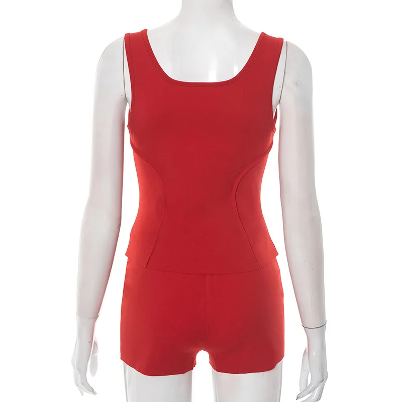 YUZHEXI zip-up tank top with shorts women red two pieces summer sporty set