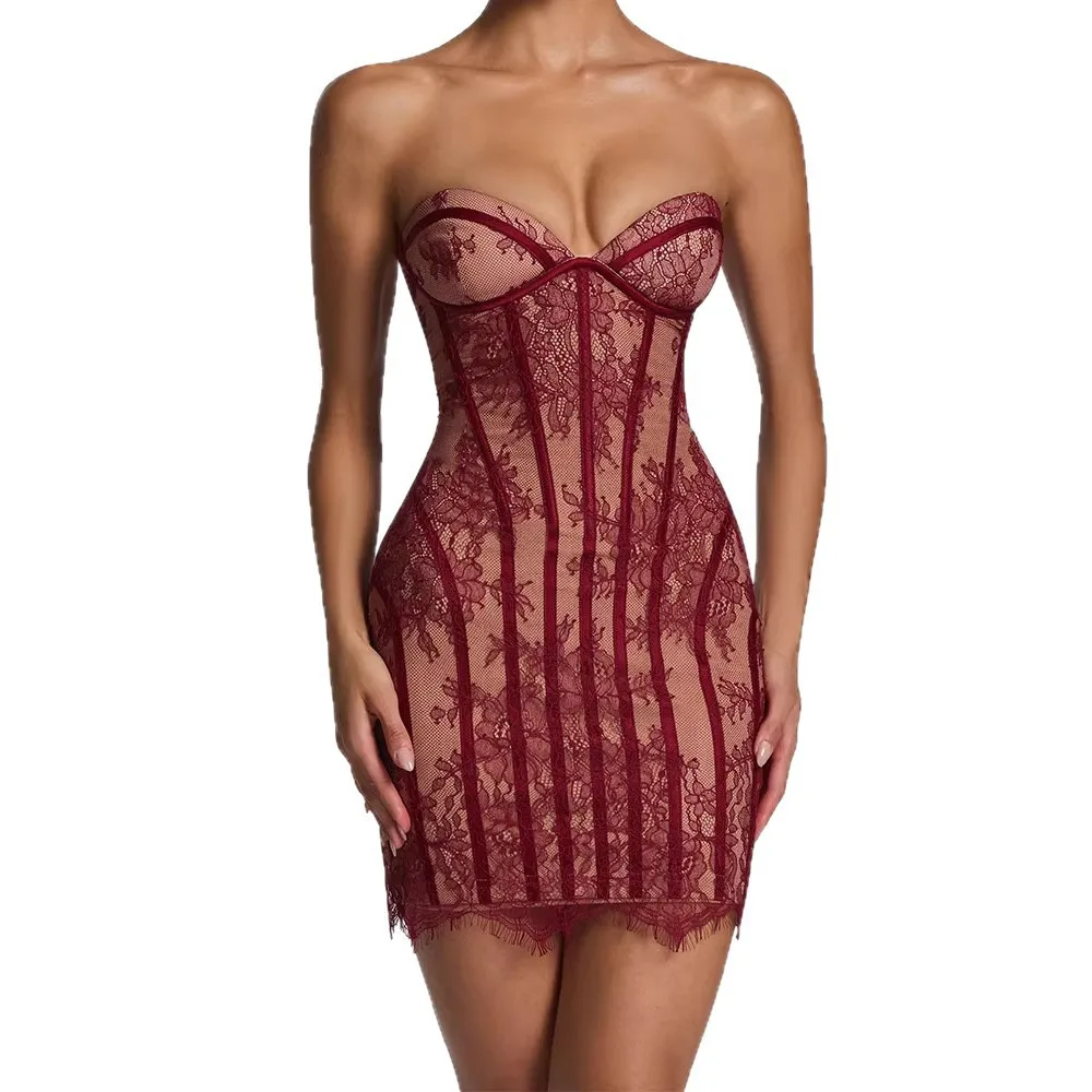 Mini Abito Aderente Senza Spalline da Donna 2026 con Pizzo a Righe, Sexy, Senza Schienale, per Feste e Club, Outfit Estivo Casual