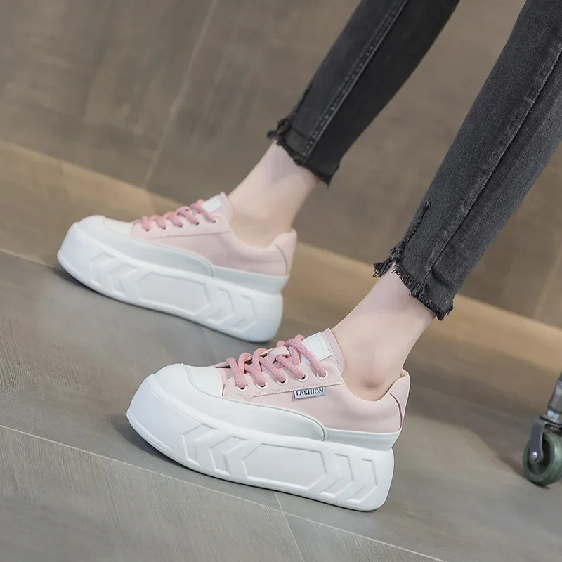 8cm Chunky Sneaker 2024 Cow Genuine Leather Hidden Heels Casual Women Vulcanize Platform Spring Autumn Fashion Comfy Shoes