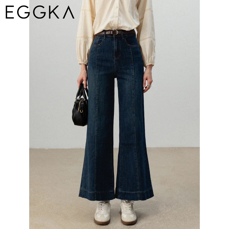 EGGKA Navy Blue Flared Pants for Women High Waist Straight Jeans Retro Denim Pant with Pockets 2024 Female Fashion Streetwear