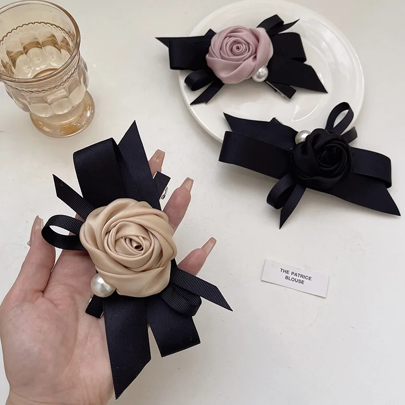 2023 Newest High Quality Ribbon Rose Wedding Hair Accessories Elegant Women Bridals Satin Flower Ponytail Hair Clips Barrettes