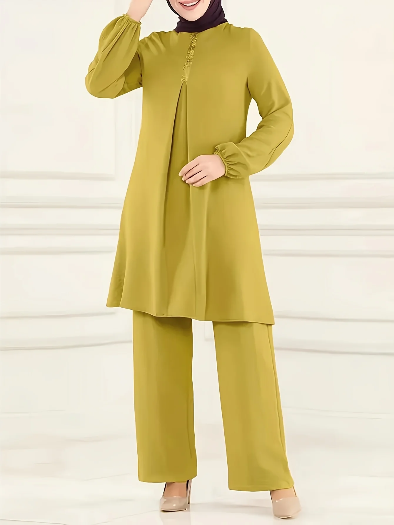 

Muslim traditional clothing: top and bottom ensemble, plain color casual outfit