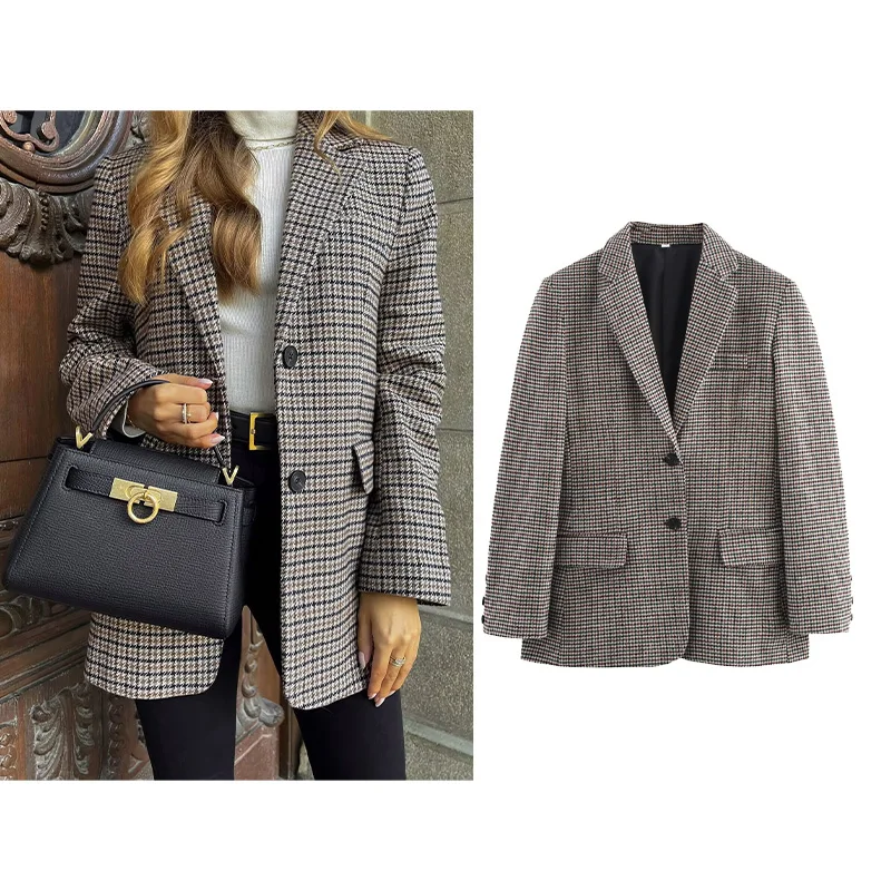 Blazer pied de poule slim da donna autunnale con spalline Top casual da donna a maniche lunghe Cappotti femminili chic
