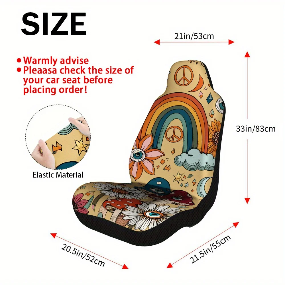 2pcs Hippie Peace Symbols & 60s Retro Style Car Seat Covers Compatible For,,, VW, GM - Front Seat Protectors, Machine-Washable S