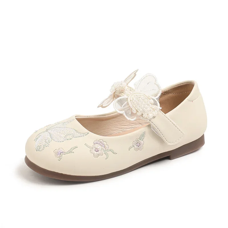 

Модные милые кожаные туфли принцессы для девочек, универсальные детские модельные туфли Hanfu, детские туфли на плоской подошве с вышивкой бабочкой ручной работы