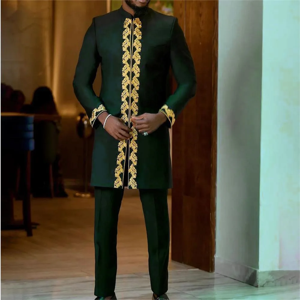 Kaftan 2 Piece Sets Mens Outfit Embroidered Long-sleeved Top Trousers African Ethnic Style Wedding Men\'s Suits Clothing Fashion