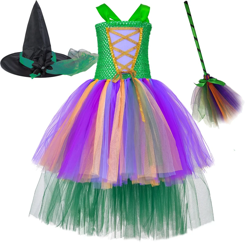 High Low Hocus Pocus Sisters Costume for Girls Crazy Witch Halloween Trailing Lined Dresses Kids New Years Outfit with Hat Broom