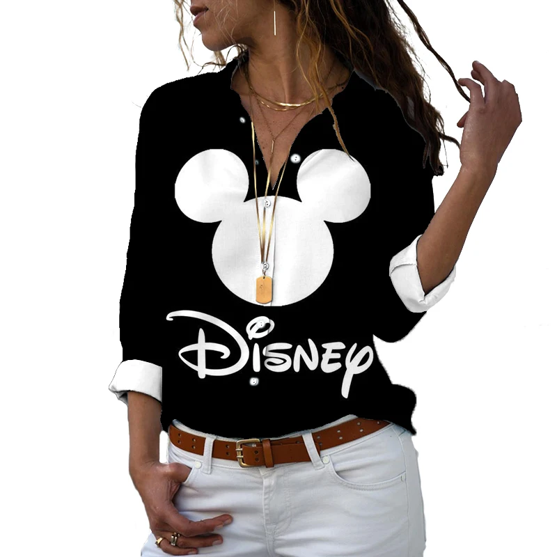 Disney-Camiseta de manga larga con estampado 3D para mujer, camisa informal con botones y solapa de Mickey y Minnie, estilo Harajuku, y2k, novedad